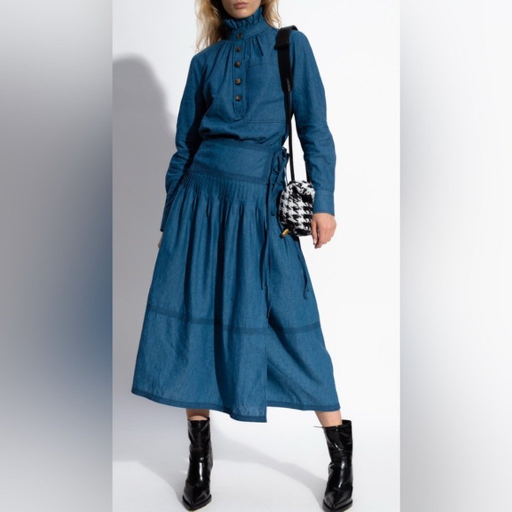 Tory Burch Nwt Chambray Linen Blend Pleated Tiered Wrap Side Tie Midi Skirt 6